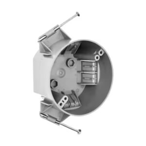 New Work Ceiling Box, 4" Round, 2-1/4" Deep, nail-on with wire clamps